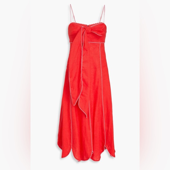 FARM Rio Dresses & Skirts - Farm Rio Red Front Bow Scalloped Hem Linen Midi Dress-M-Sweetheart A-Line Resort